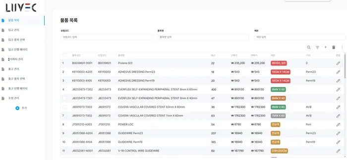 Waveon Introduction Process: LUVEC;s Goods Management Screenshot
